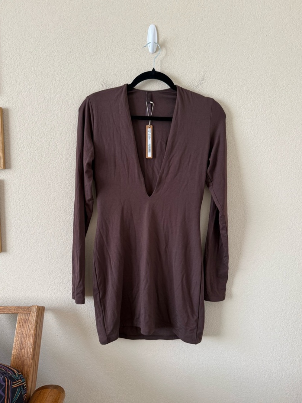 NWT Skims Smooth Layers Plunge Mini Dress in Espresso